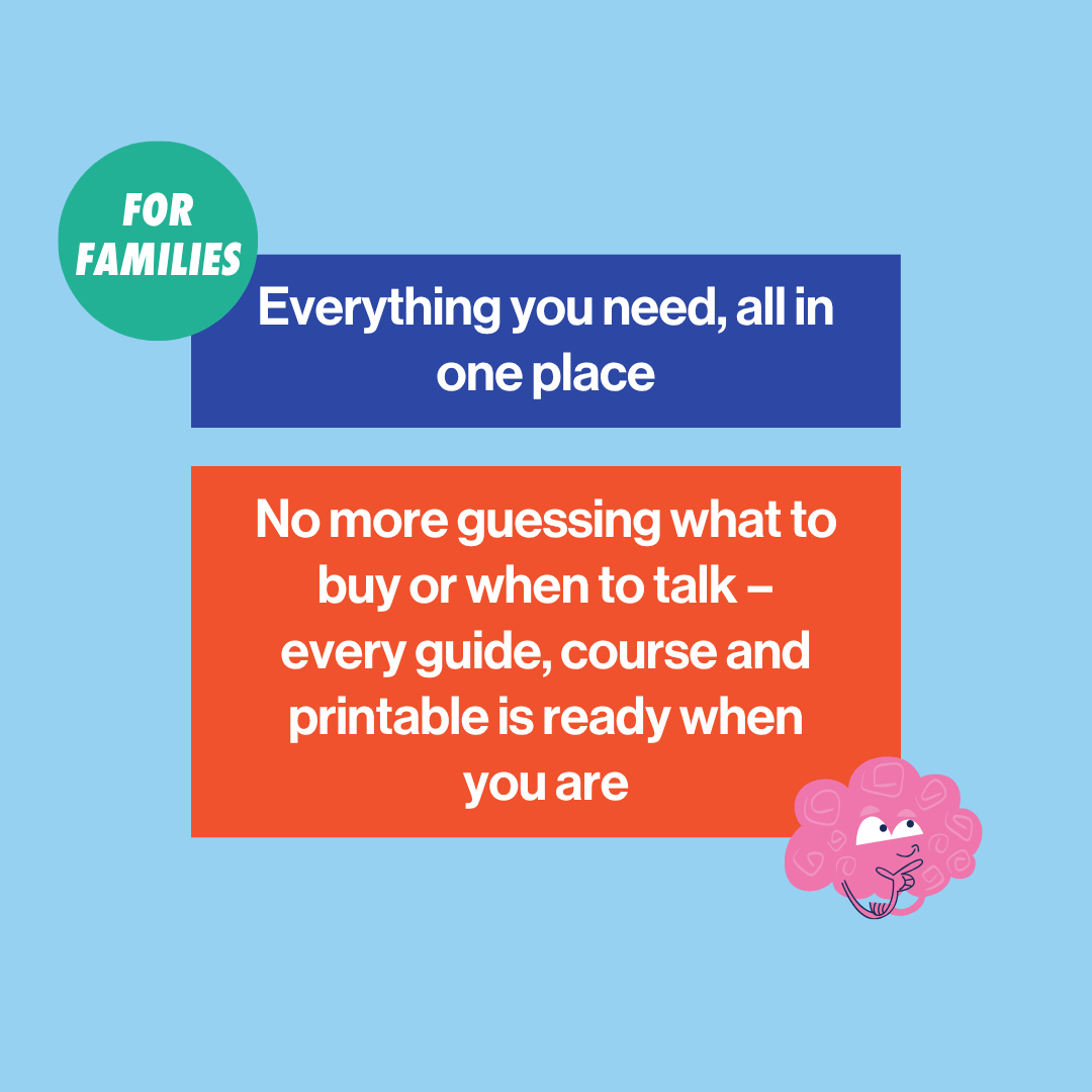 Promotional graphic for a family sex education resource platform with text and a cartoon character on a blue background.