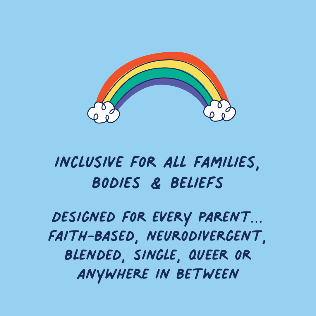 Rainbow with clouds on a blue background with text about family inclusivity.