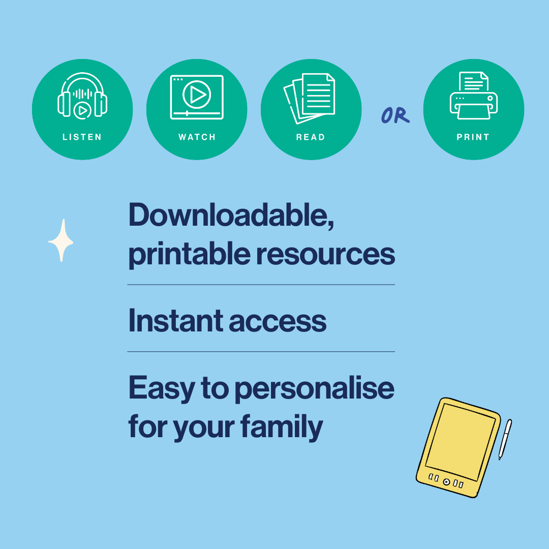 Promotional graphic with icons and text about downloadable, printable sex ed resources for families.