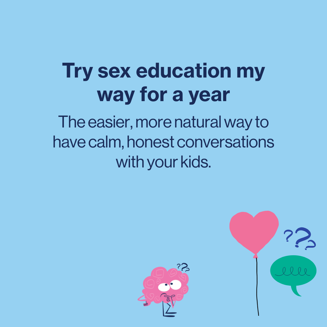 Text on a blue background with cartoon characters and balloons, promoting sex education.