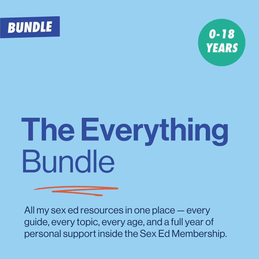 Promotional graphic for the sex education, 'The Everything Bundle' with text on a blue background