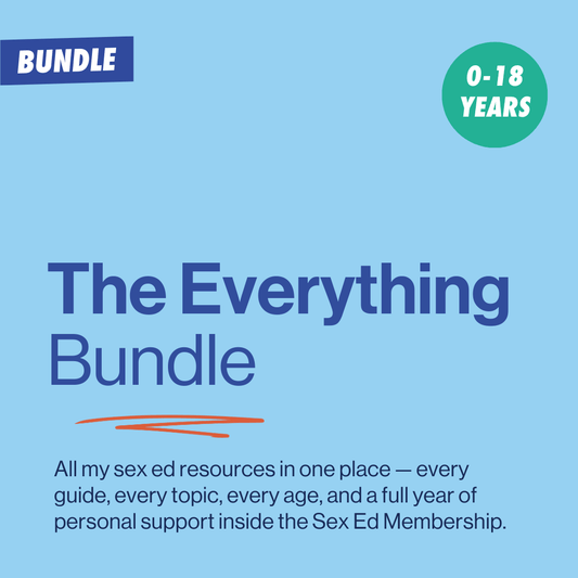 Promotional graphic for the sex education, 'The Everything Bundle' with text on a blue background