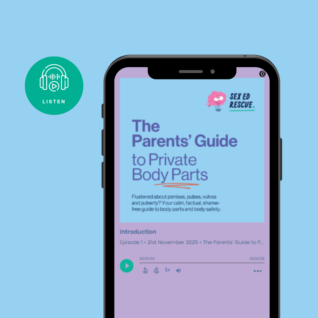 Phone displaying 'Sex Ed Rescue' app with a guide on private body parts on a blue background