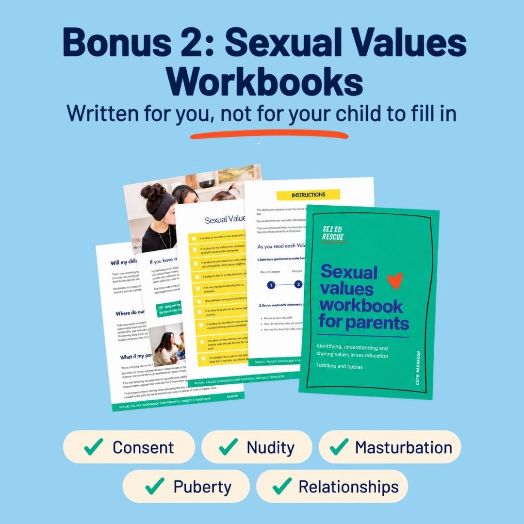 Bonus 2, Sexual Values Workbooks, written for parents, not for children to fill in. A sample workbook cover and pages cover topics including consent, nudity, masturbation, puberty and relationships, for ages 0-18.