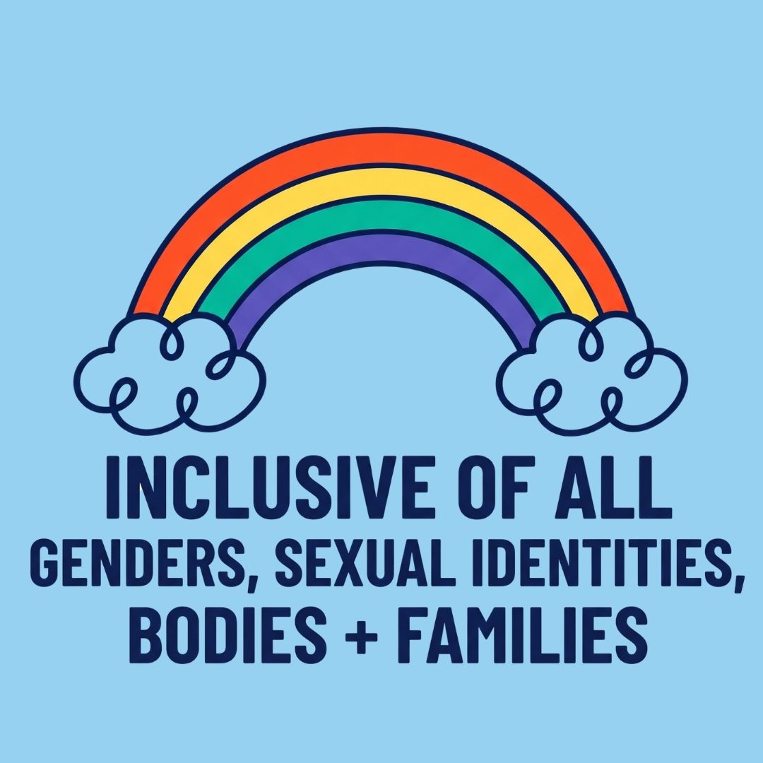 Rainbow to show that this crash course on talking with children about sex is inclusive of all genders, sexual identities, bodies and families.