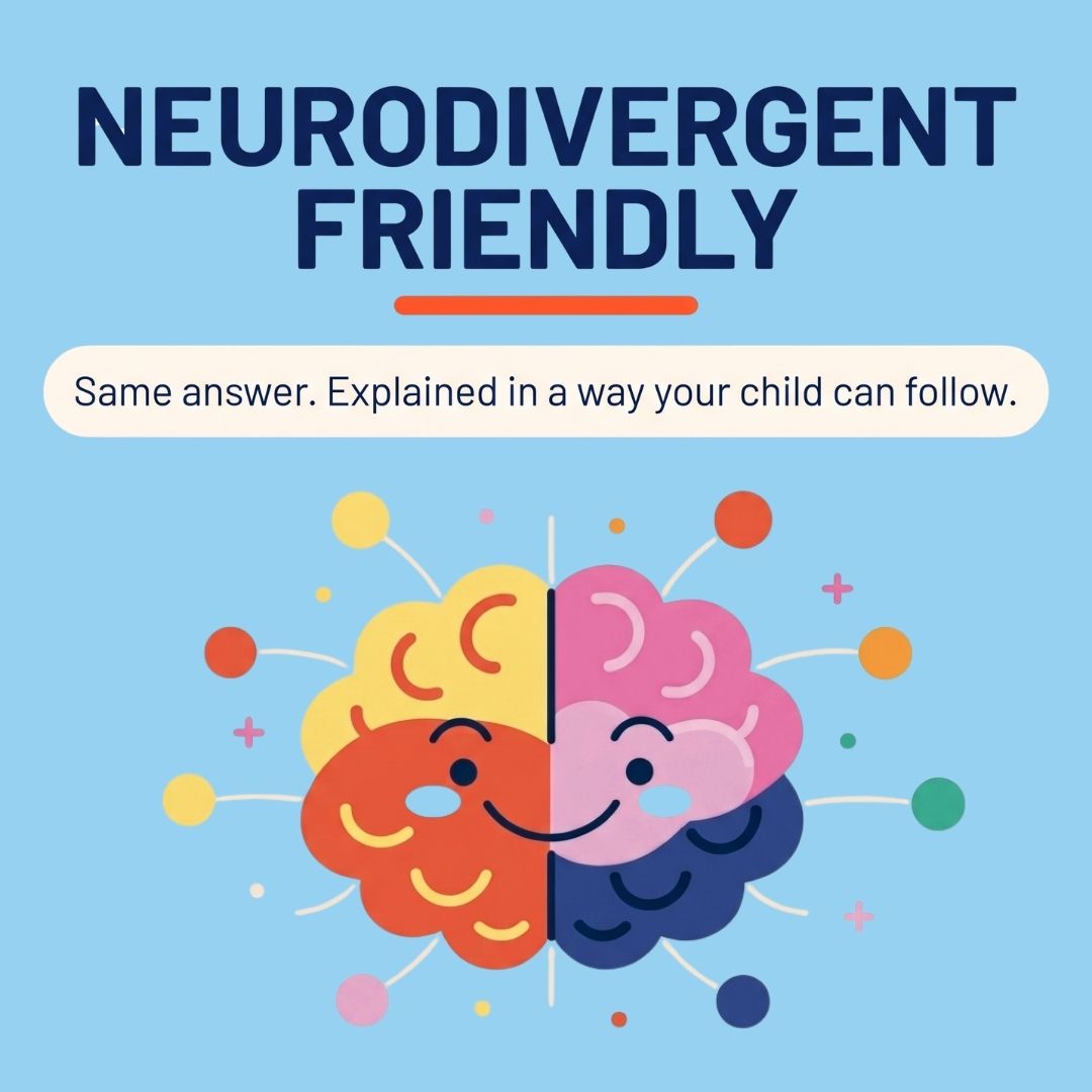 Illustration of a brain split into two halves with colourful faces, with the text “Neurodivergent friendly”, showing that this crash course includes teaching tips for autistic and ADHD children.
