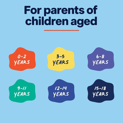 For parents of children aged 0-2 years, 3-5 years, 6-8 years, 9-11 years, 12-14 years and 15-18 years.