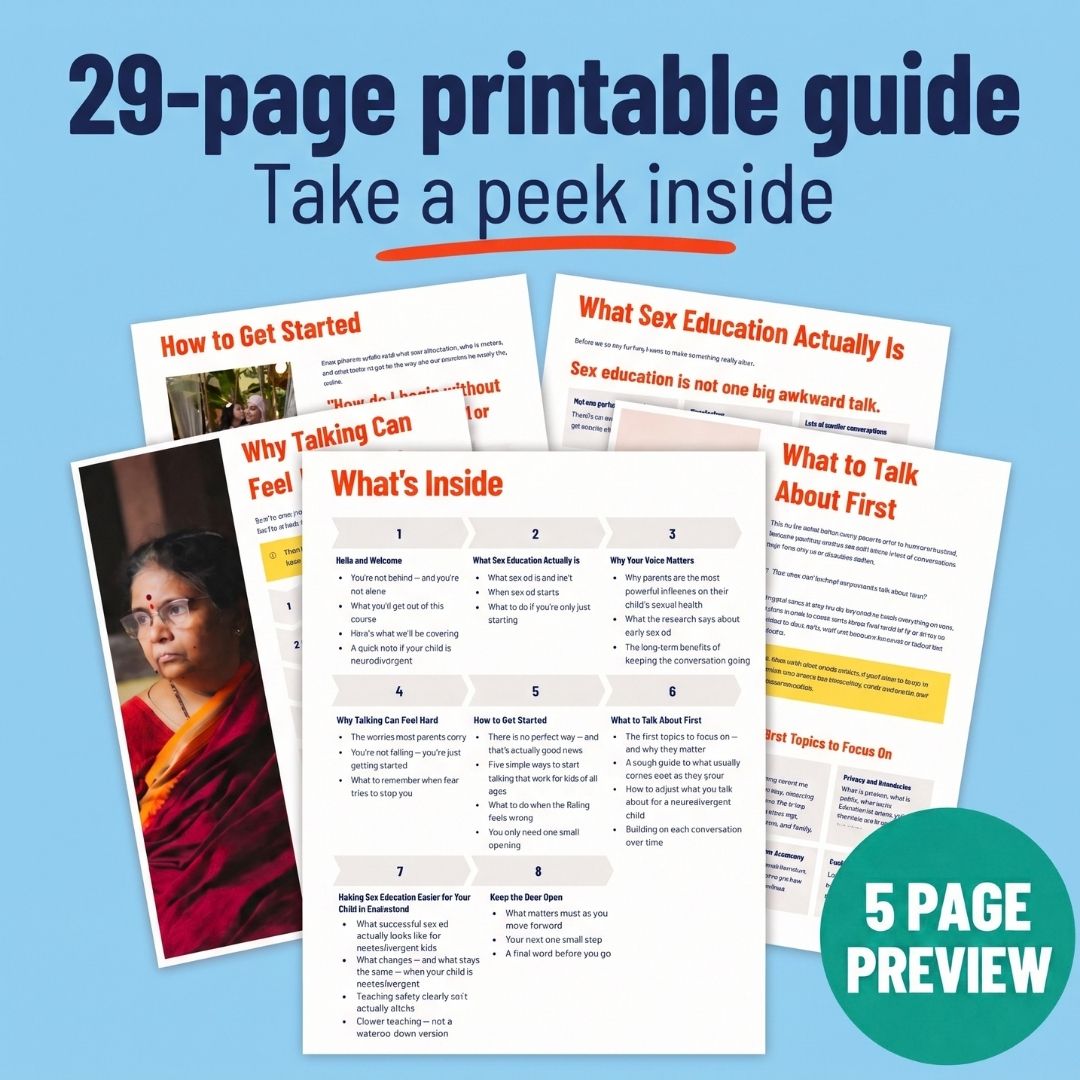 Preview of five pages from the 29-page printable guide, including What’s Inside, How to Get Started, What Sex Education Actually Is, Why Talking Can Feel Hard and What to Talk About First.