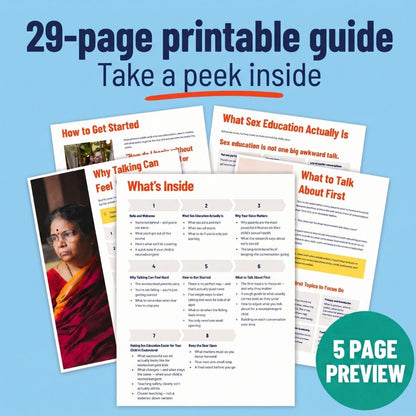 Preview of five pages from the 29-page printable guide, including What’s Inside, How to Get Started, What Sex Education Actually Is, Why Talking Can Feel Hard and What to Talk About First.