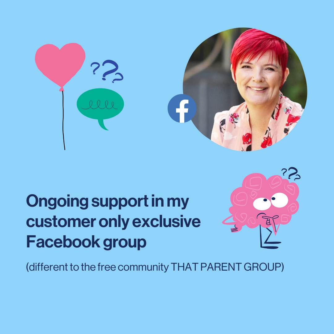 photo of cath hakanson and visual reminder that parents will also have  ongoing support in a customer only facebook group