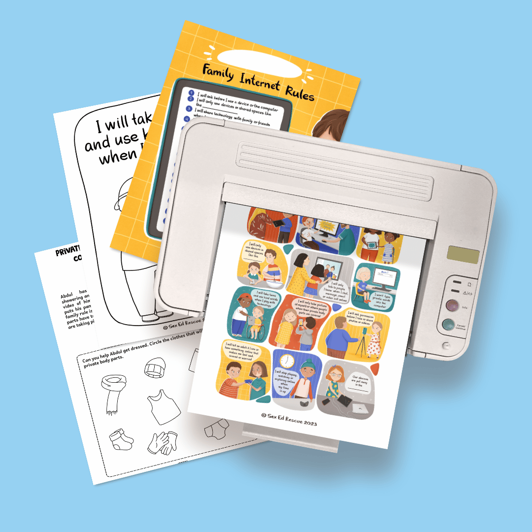 image of pages from the cyber safety prep pack in a printer