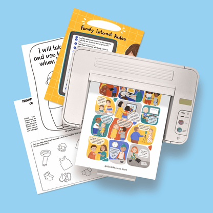 image of pages from the cyber safety prep pack in a printer