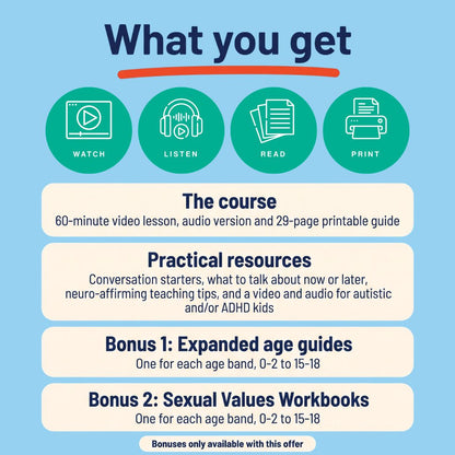 What you get: the course, with a 60-minute video lesson, audio version and 29-page printable guide; practical resources, including conversation starters, what to talk about now or later, neuro-affirming teaching tips, and a video and audio for autistic and/or ADHD kids; Bonus 1, expanded age guides, one for each age band from 0-2 to 15-18; and Bonus 2, Sexual Values Workbooks, one for each age band from 0-2 to 15-18. The bonuses are only available with this offer.