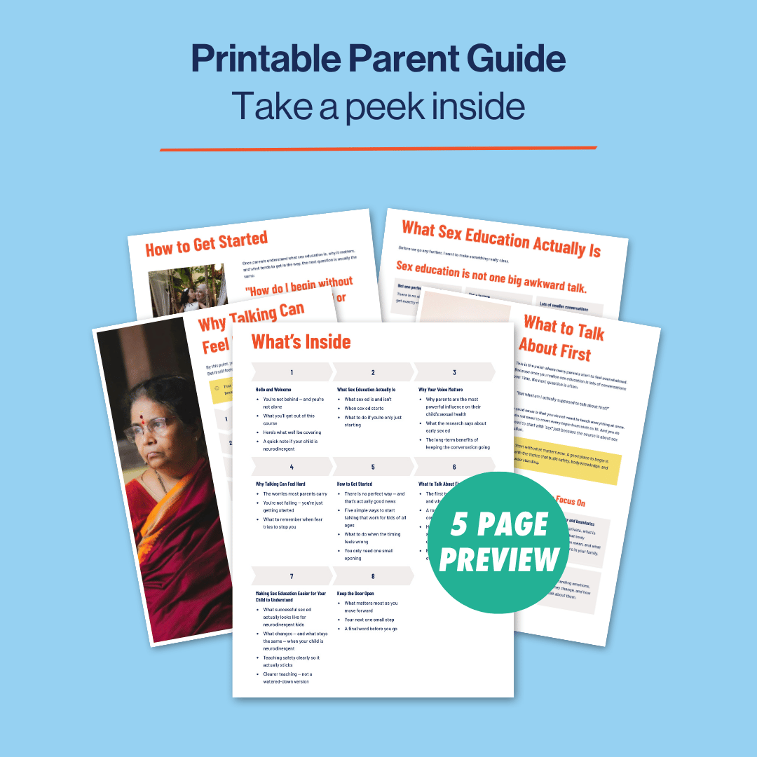 Preview of a printable parent guide with five pages on a blue background