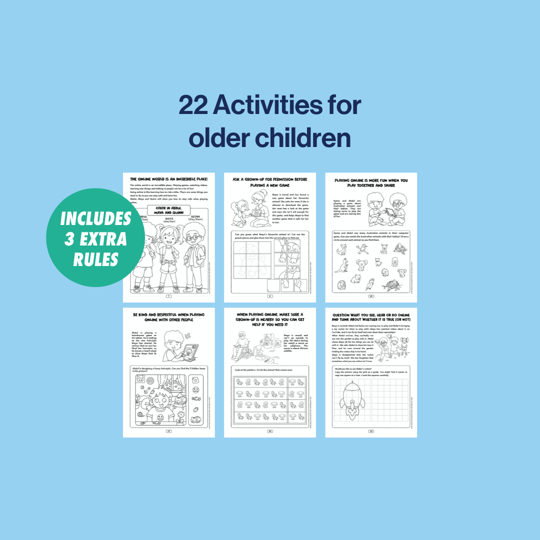 image explaining older version of online safety activity book has 22 activities