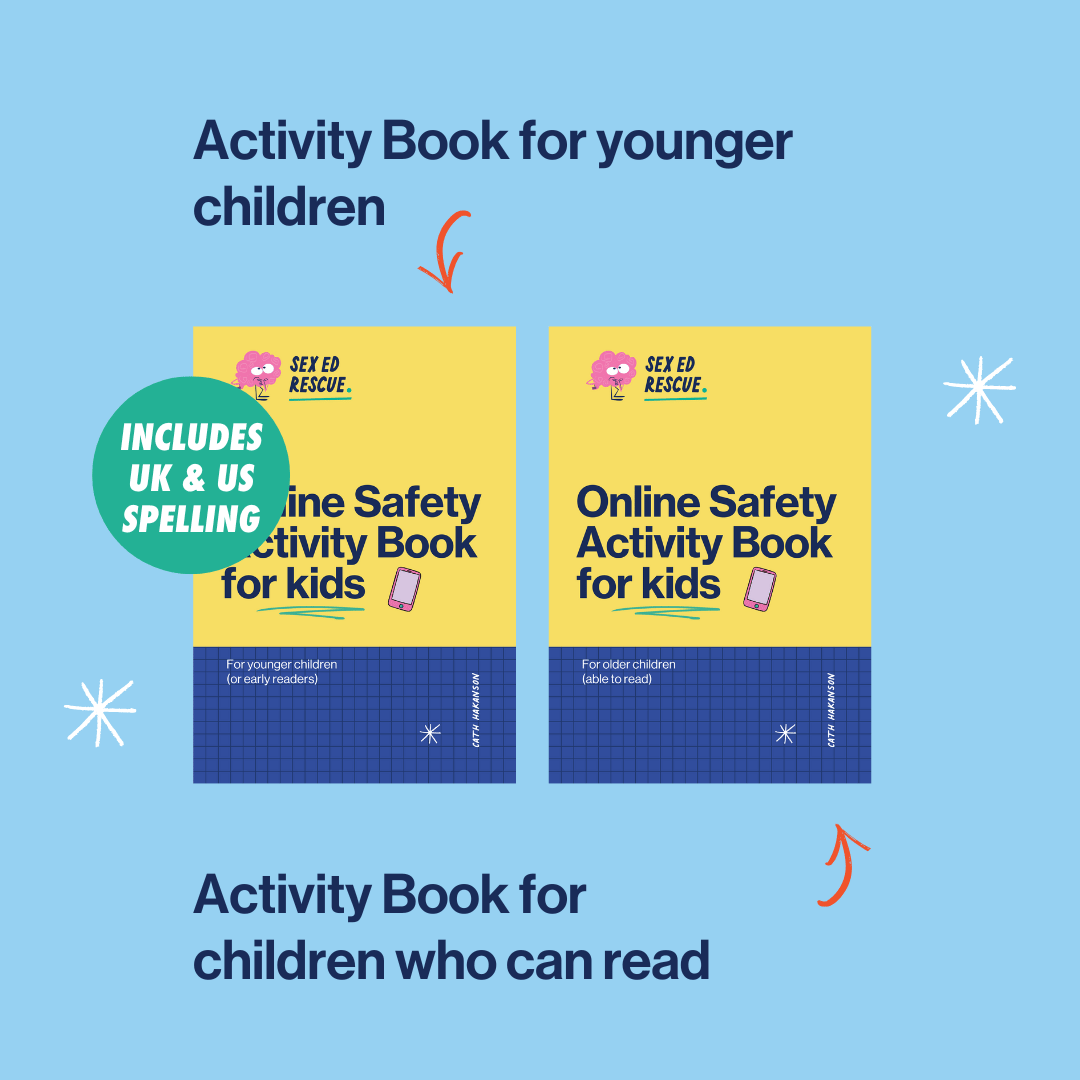 image with covers of the online safety activity book with both UK and US spelling