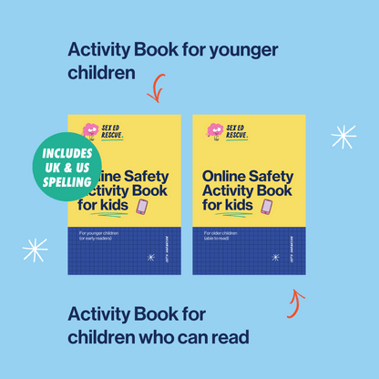 image with covers of the online safety activity book with both UK and US spelling