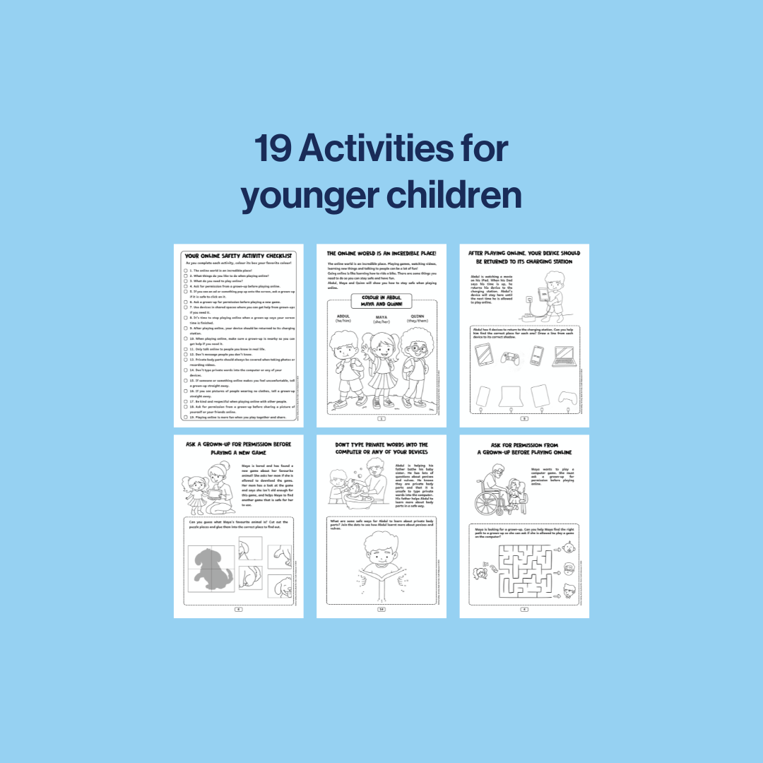 image explaining younger version of the online safety activity book has 19 activities