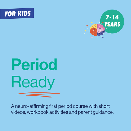Advertisement for 'Period Ready' course for kids aged 7-14 on a blue background.