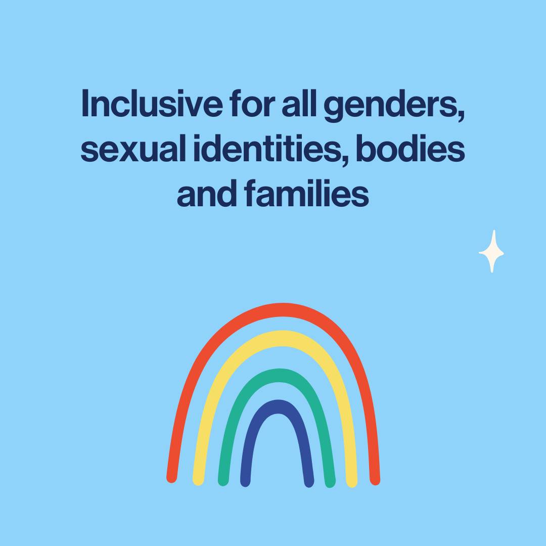 rainbow to illustrate that the Sexual Values Workbook are inclusive for all genders, sexual identities, bodies and families