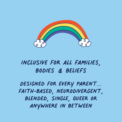 Rainbow with clouds on a blue background with text about family inclusivity.
