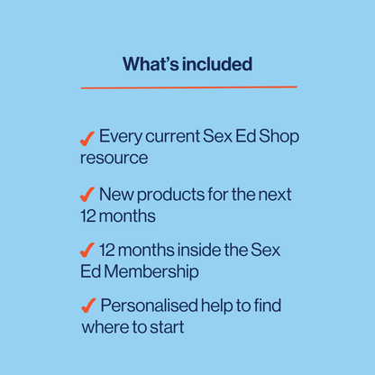 List of included items in a Sex Ed Shop membership on a blue background