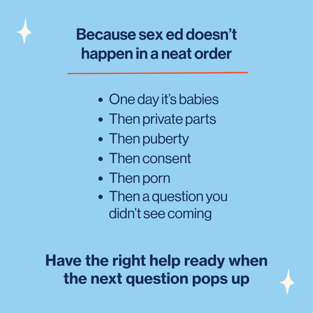 Text on a blue background about sex education in a humorous and informal manner.