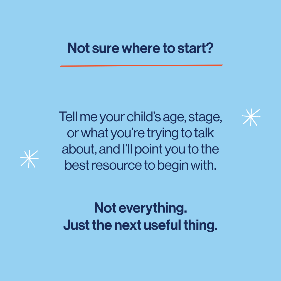 Text on a blue background with stars, guiding users to provide details about their child's age and stage for resource recommendations.