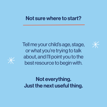Text on a blue background with stars, guiding users to provide details about their child's age and stage for resource recommendations.