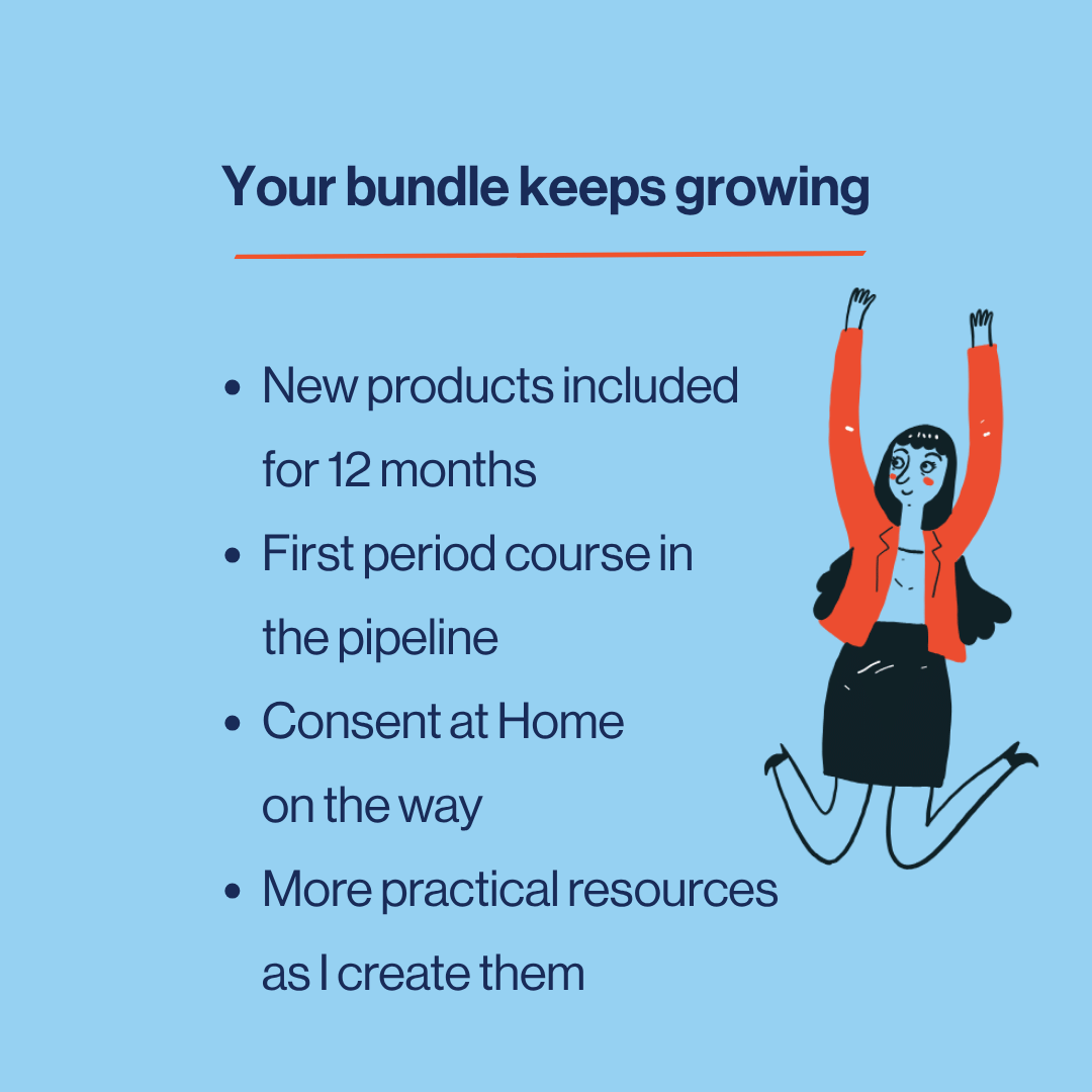 Promotional graphic with text about a growing bundle and an illustration of a person jumping on a blue background.