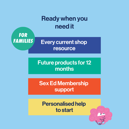 Promotional graphic for a sex education membership with various benefits on a blue background.
