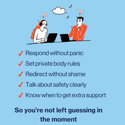 Illustration of two people working on laptops with a blue background and text about responding without panic and setting private body rules.