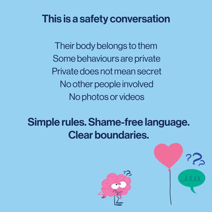 Text on a blue background about safety conversations, with cartoon characters and a heart symbol.