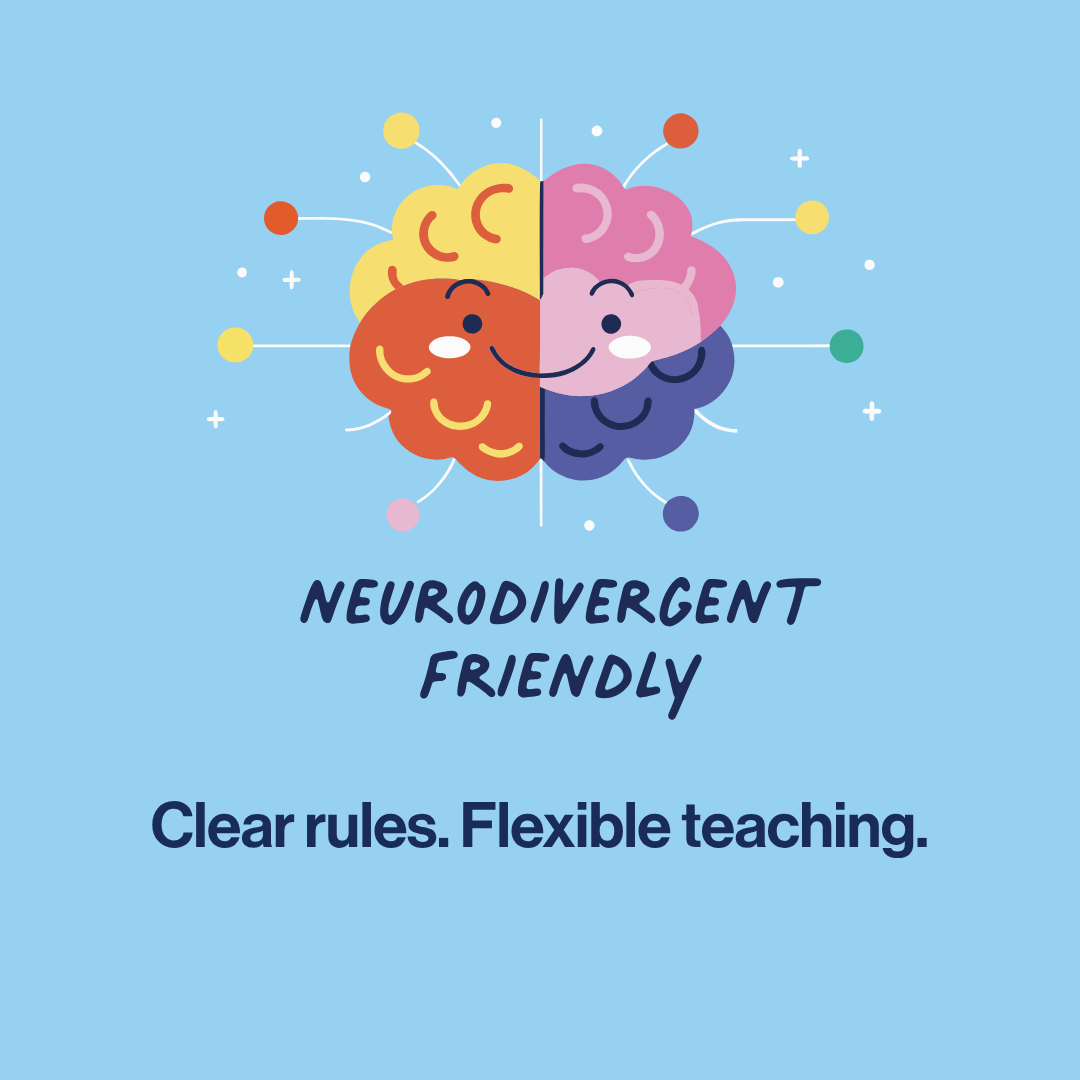 Illustration of a colorful brain with 'Neurodivergent Friendly' text on a blue background