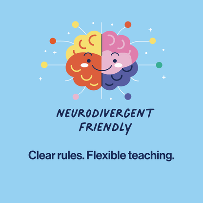 Illustration of a colorful brain with 'Neurodivergent Friendly' text on a blue background