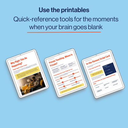 Three printed cards on a blue background with text about quick-reference tools.