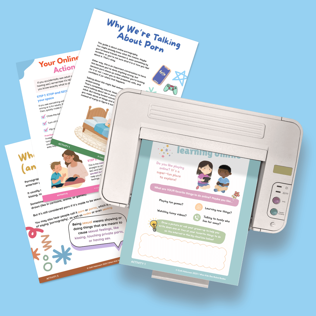 Educational porn safety materials on a printer with a blue background