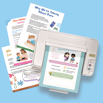 Educational porn safety materials on a printer with a blue background