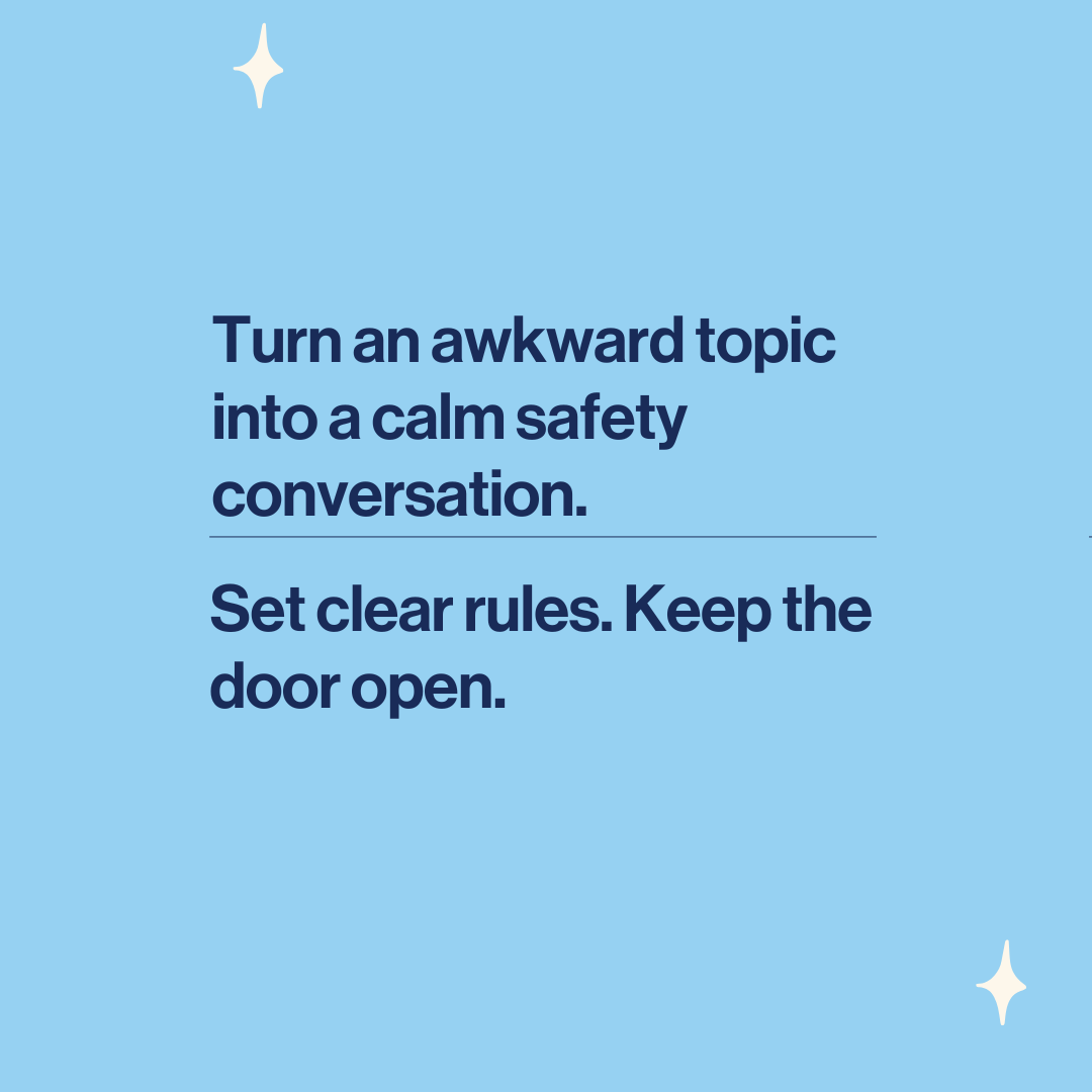 Text on a blue background about turning awkward topics (like online porn) into safe conversations with clear rules.