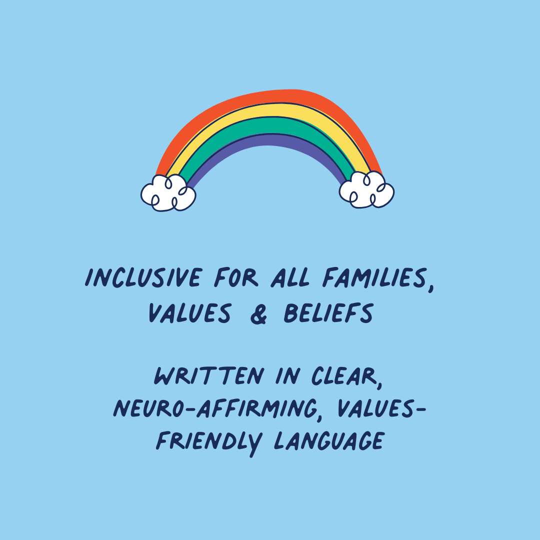 Rainbow with clouds on a blue background with text about family inclusivity.