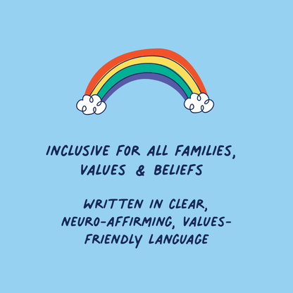 Rainbow with clouds on a blue background with text about family inclusivity.