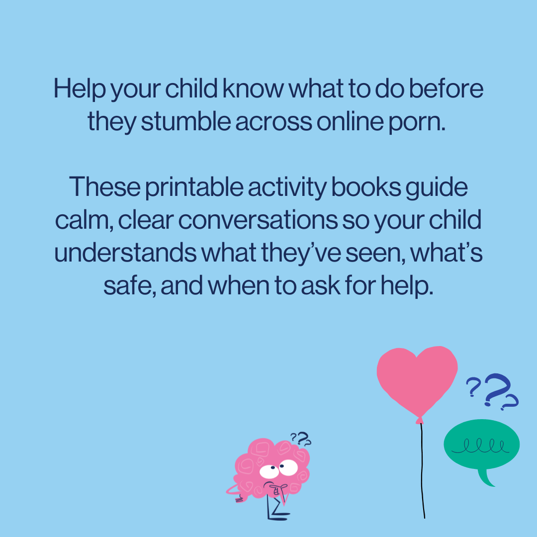 Promotional text about printable porn safety activity books for children on a blue background with cartoon character and balloons.