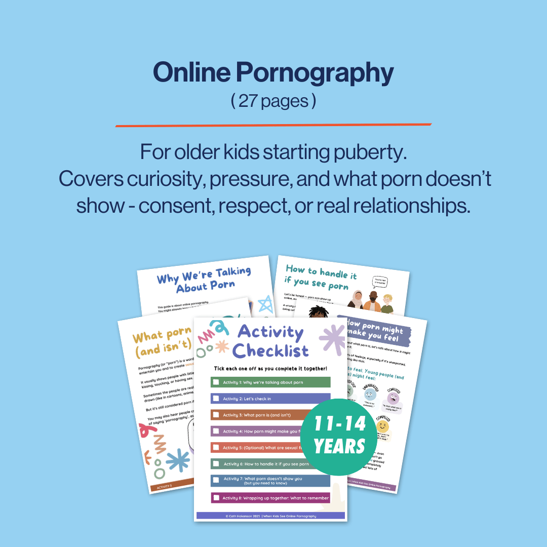 Educational materials on online pornography for older children, displayed against a blue background.