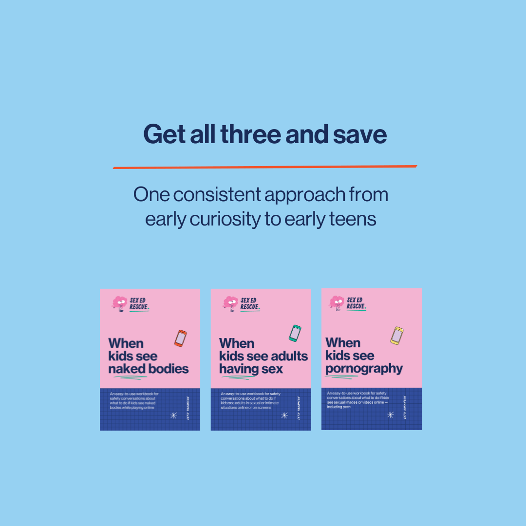 Three online porn safety activity workbooks on a blue background with text about sexual education for children.