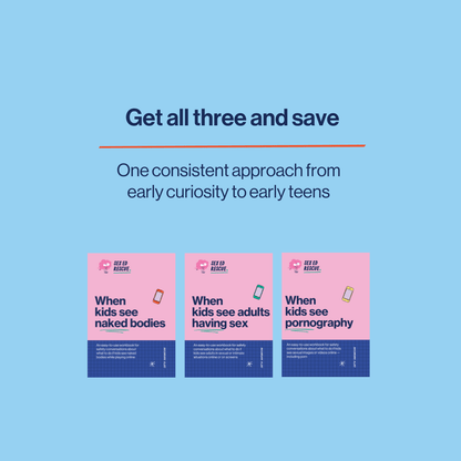 Three online porn safety activity workbooks on a blue background with text about sexual education for children.