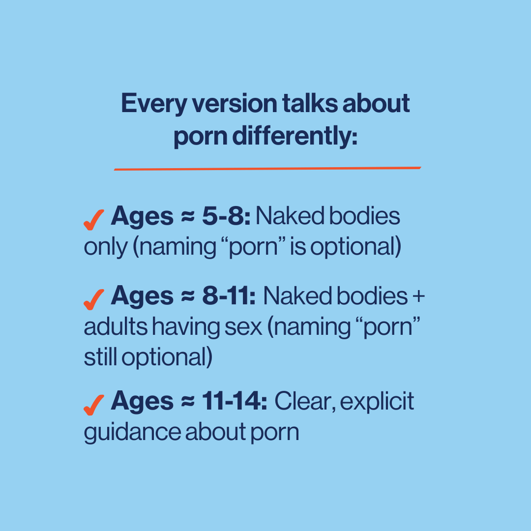 Text on a blue background explaining how different versions of content talk about porn differently based on age groups.