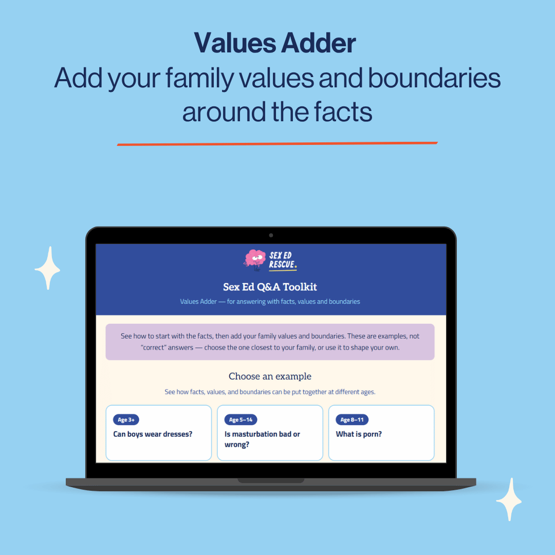 A digital product mockup showing a laptop screen with the 'Values Adder' Sex Ed Q&A Toolkit interface, set against a light blue background with decorative white sparkles.