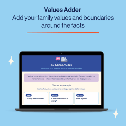 A digital product mockup showing a laptop screen with the 'Values Adder' Sex Ed Q&A Toolkit interface, set against a light blue background with decorative white sparkles.