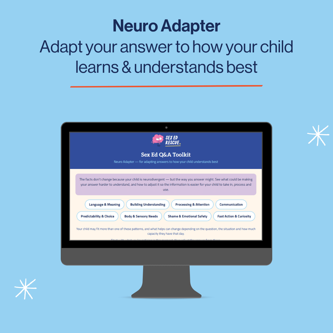 Promotional graphic for the Neuro Adapter by See Ed Together, showing a desktop monitor on a light blue background with the headline 'Neuro Adapter' and the subtitle 'Adapt your answer to how your child learns & understands best.' The monitor screen displays the See Ed Together Toolkit interface.