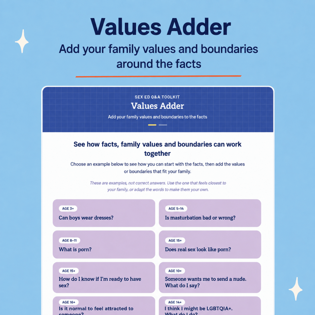 A digital infographic template titled 'Values Adder' from the 'SEE ED Q&A TOOLKIT' on a light blue background. The graphic features a dark blue header and a white main body with multiple light purple rounded boxes containing age-appropriate questions about family values and boundaries.
